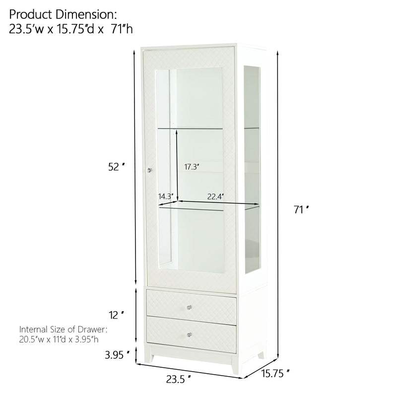 Modern Upholstered Glass Display Cabinet With Adjustable LED Light - White