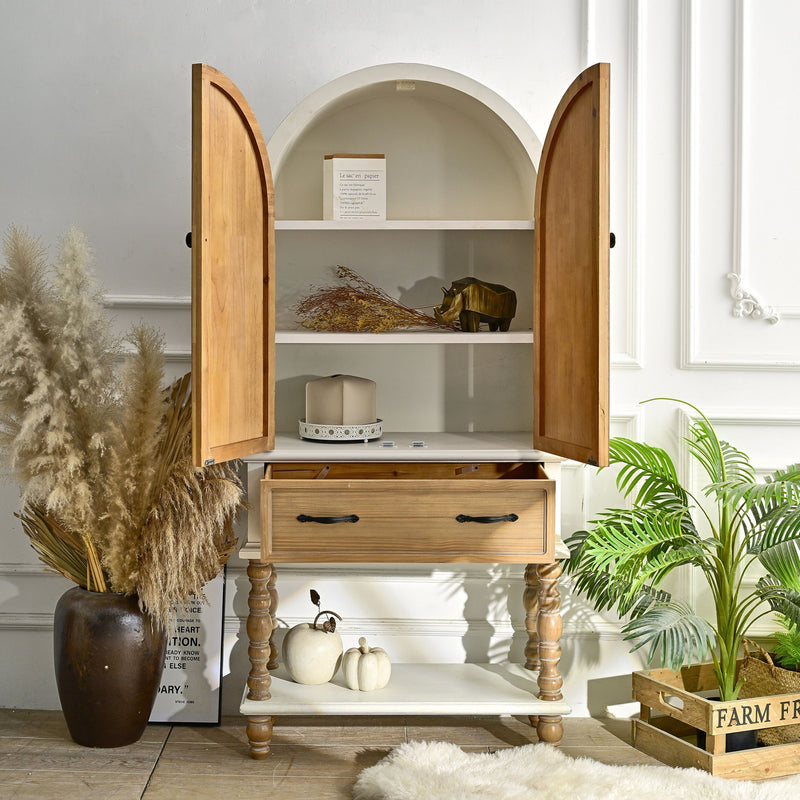 Arched Flower Carved Door Accent Sideboard Cabinet With 1 Drawer And Shelf, Cabinet For Kitchen - Natural / White