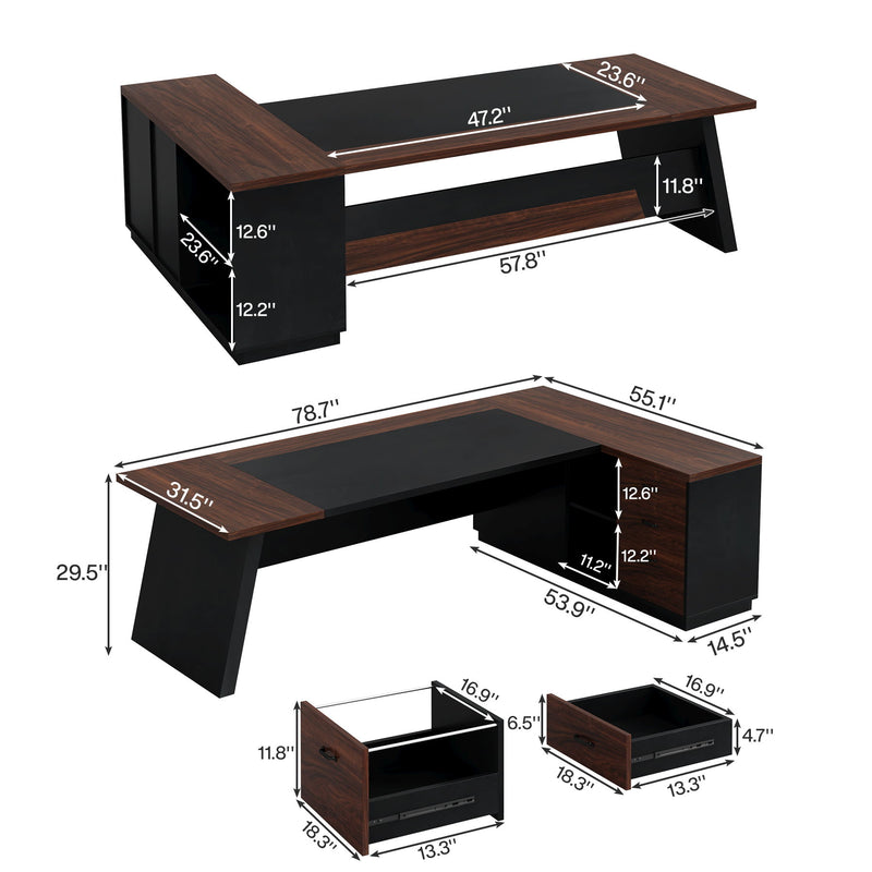 L-Shaped Executive Desk With File Cabinet & Drawers, Large Home Office Computer Workstation
