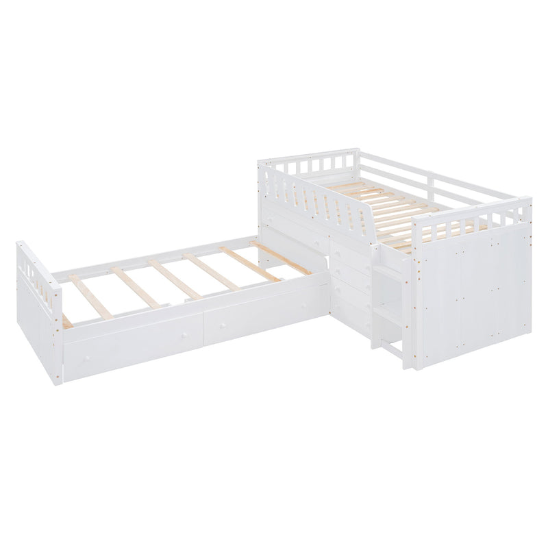 Loft Platform Bed With 7 Drawers And Full Guardrails, Modern L Shaped Space Savin