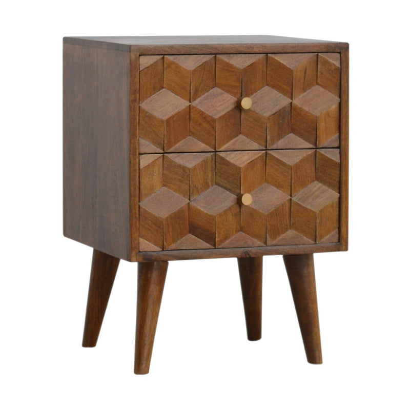Cube Carved Bedside Table Nightstand - Chestnut