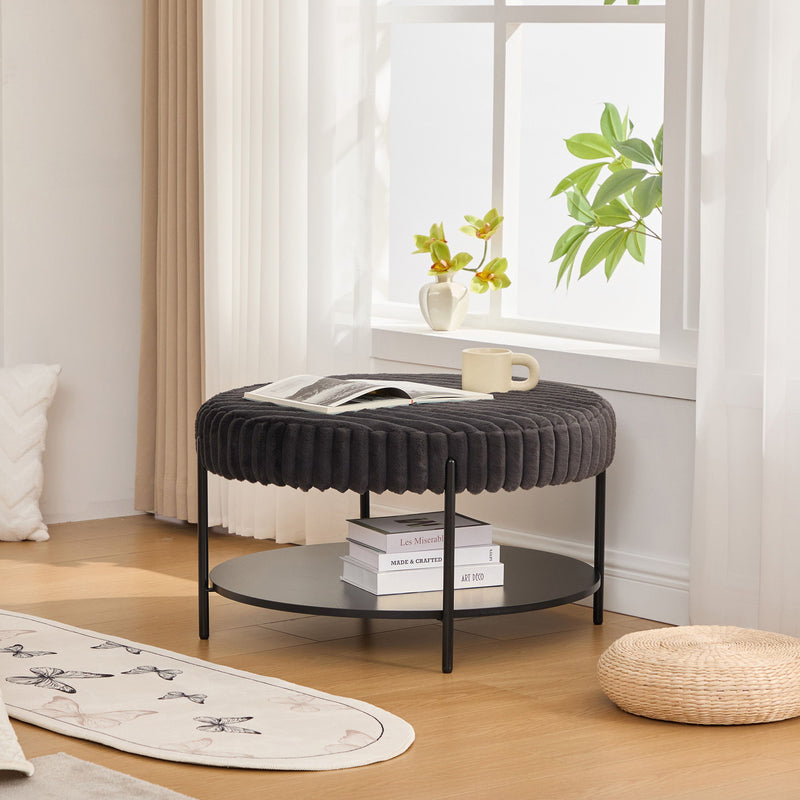 Modern Upholstered Round Ottoman Coffee Table With Storage Shelf