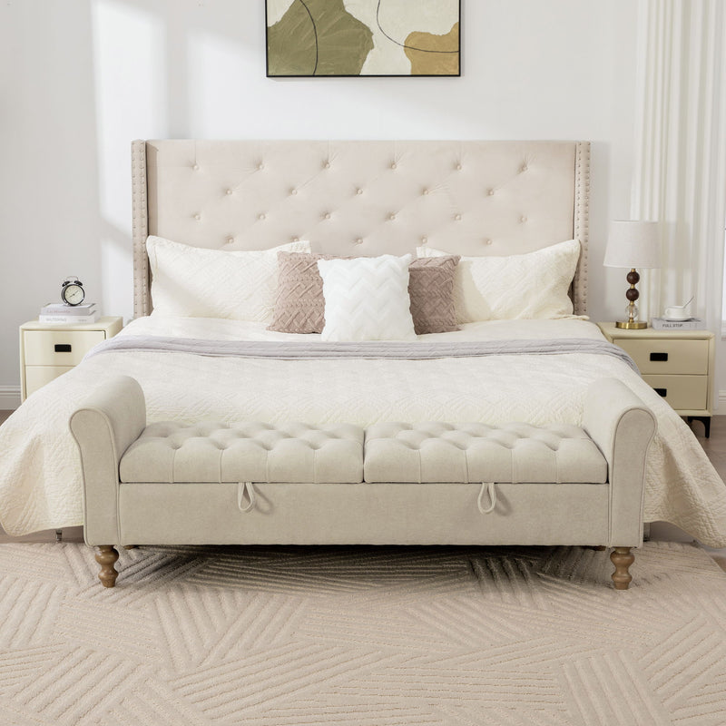 Napped Storage Bench With Rolled Armrest - Griege