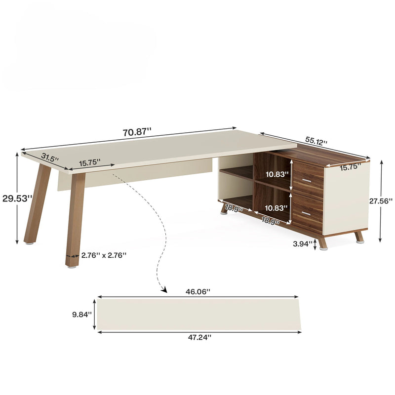 L-Shaped Executive Desk With File Cabinet, Computer Workstation With Drawers And Shelves For Home Office - White / Walnut