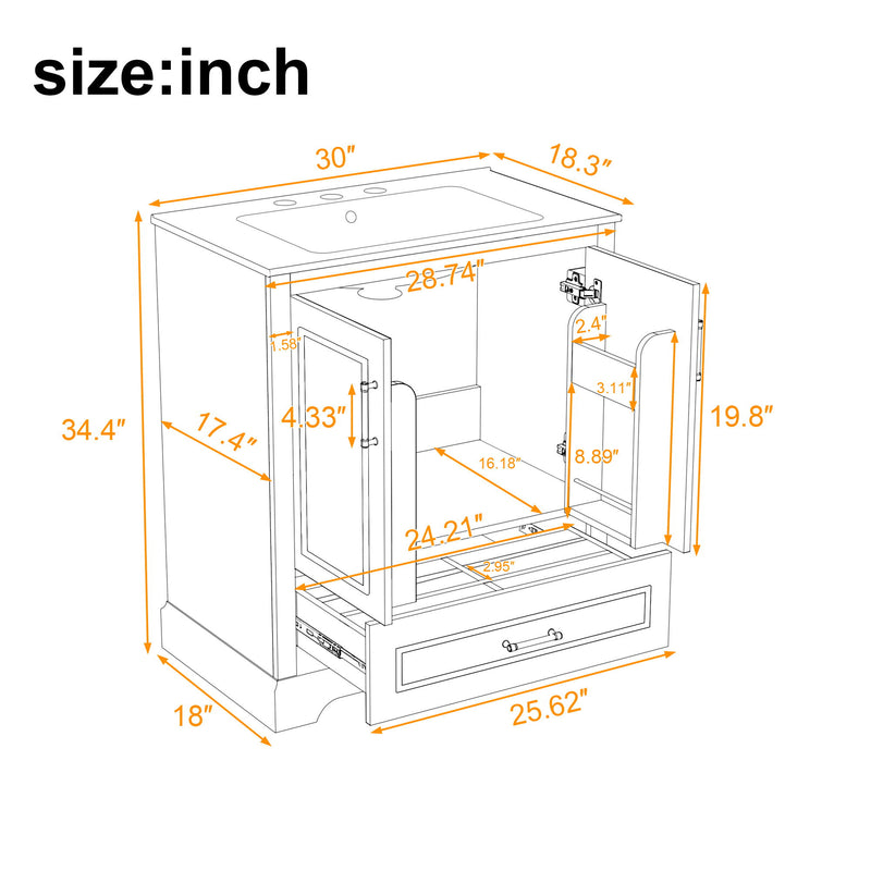 Bathroom Vanity With Sink, 1 Divided Drawer And 2 Soft Close Doors With Double Shelf