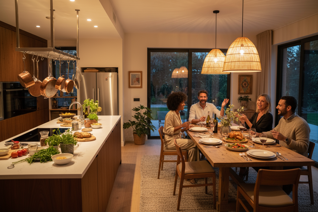 Scene: A bright, welcoming dinner party in a modern kitchen. Include a dining table set for guests with dishes, glasses, and soft lighting. Show both the cooking area (island or countertops) and the dining space to highlight furniture and décor.
Style: Photorealistic, warm tones, evening ambiance, high-end but lived-in look.
People: 4–6 casually dressed adults enjoying food and conversation — natural expressions, diverse group.
Framing: Wide angle so the kitchen and dining furniture are both visible.
Lighti